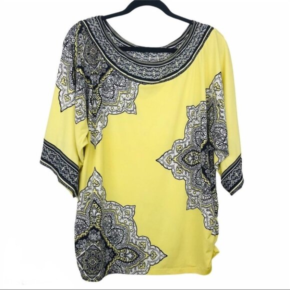 Addition Elle Tops - Addition ELLE Plus Size black & yellow  floral scoop neck blouse 1X